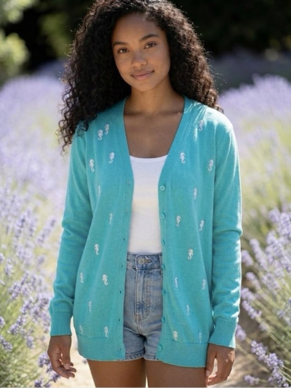 Charter Club Seahorse Embroidered Light Blue Fine Gauge Cardigan Sweater NWT